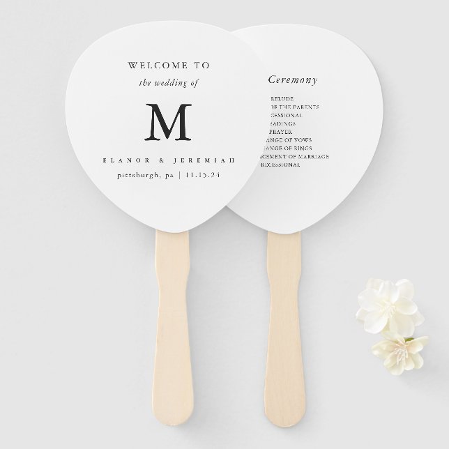 Minimal Monogram Black White Wedding Fächer (Vorne und Hinten)