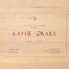 Minimal Monogram Deep Burgundy Script Wedding Acryleinladungen