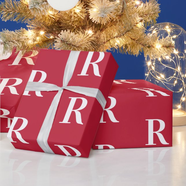 Minimal Monogram Modern Red Christmas Geschenkpapier (Feiertage)