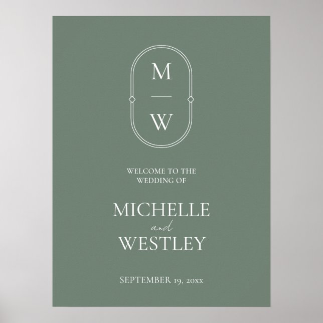 Minimal Monogram Sage Green Wedding Willkommenszei Poster (Vorne)