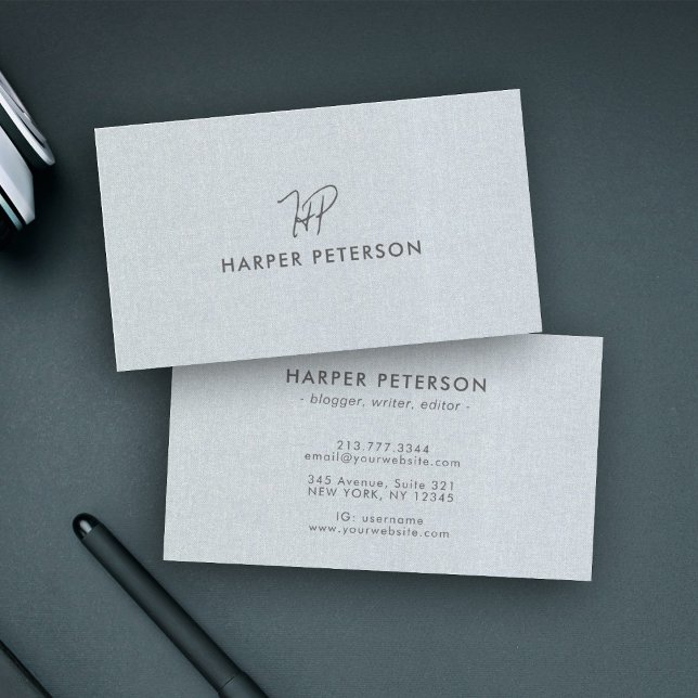 Minimal Monogram Simple Blue Gray Linen Moderne Visitenkarte (Von Creator hochgeladen)