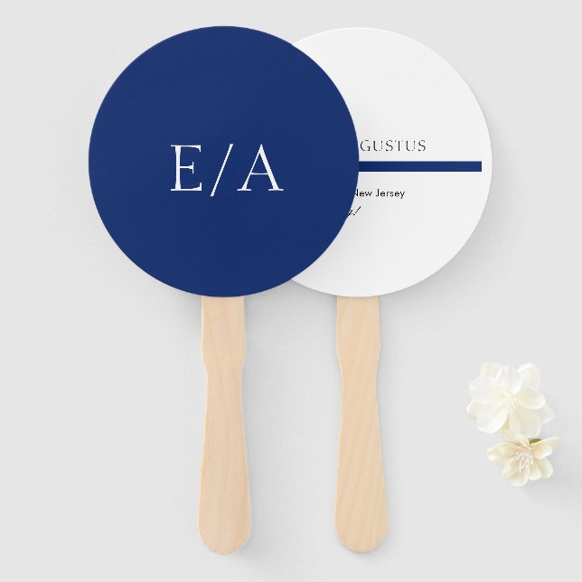 Minimal Monogram Simple Elegant Navy Blue Wedding Fächer (Vorne und Hinten)