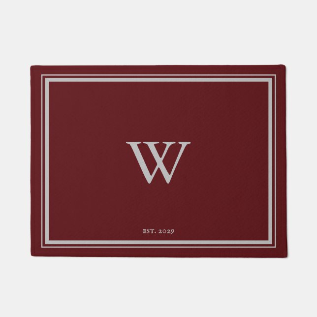 Minimal Monogram Welcome Maroon Red | Grau Fußmatte (Vorderseite)