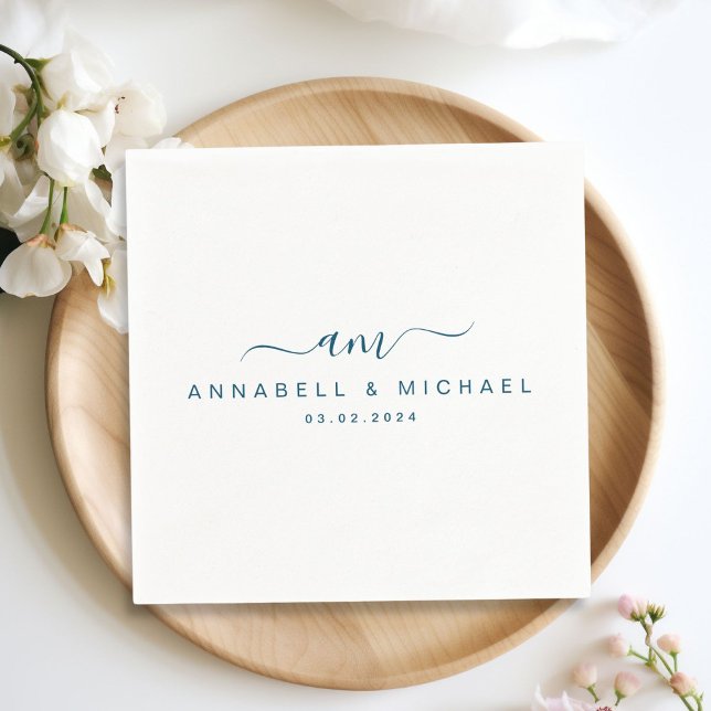 Minimal, Monogramm, Handschrift, Schriftart, Hochz Serviette (Minimal, monogram, handwriting font, white, wedding napkin. Personalized with your name and date.)