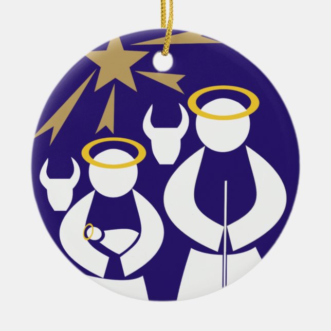 Minimal Nativity Szene Weihnachtsblau Keramikornament (Vorne)