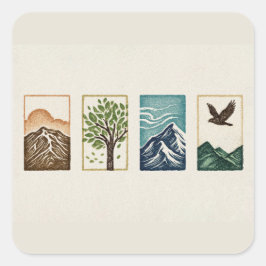 Minimal Nature Set – Mountain & Tree Art Quadratischer Aufkleber