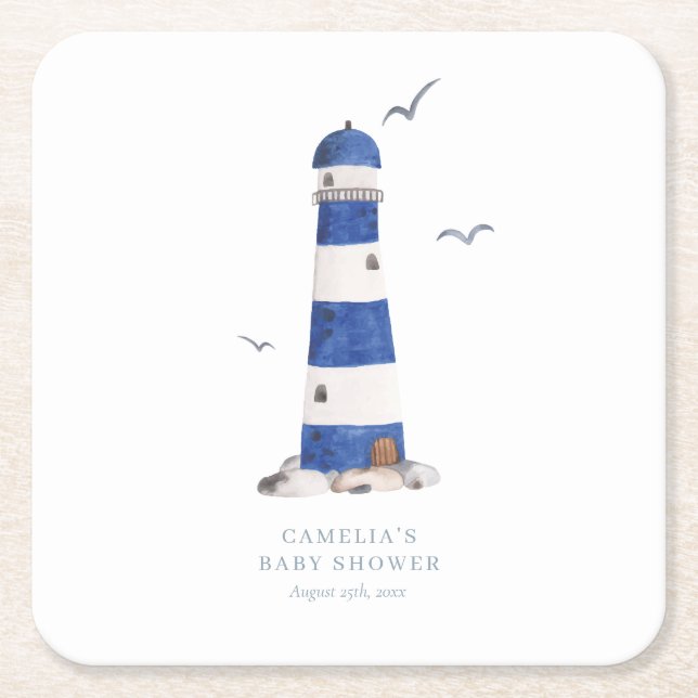Minimal Nautical Lighthouse Baby Shower Ahoy Boy's Rechteckiger Pappuntersetzer (Vorderseite)