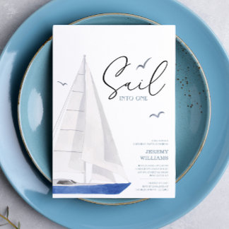 Minimal Nautical Sailboat Ahoy Geburtstagsparty Einladung
