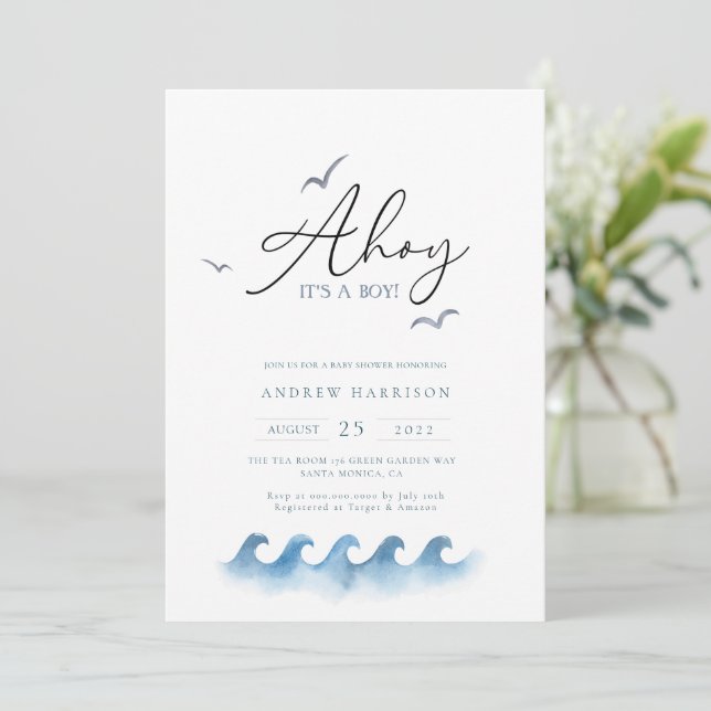 Minimal Nautical Sailboat Baby Shower Ahoy Boy's Einladung (Stehend Vorderseite)