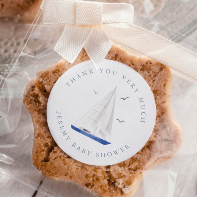 Minimal Nautical Sailboat Baby Shower Ahoy Boy's Runder Aufkleber (Von Creator hochgeladen)