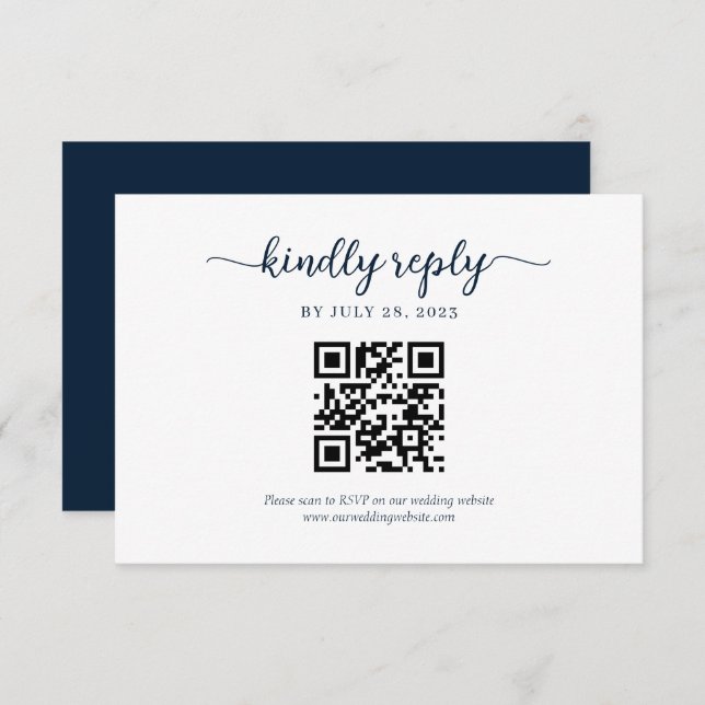Minimal Navy Blue Floral Monogram QR Code Hochzeit RSVP Karte (Vorne/Hinten)