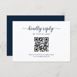 Minimal Navy Blue Floral Monogram QR Code Hochzeit RSVP Karte