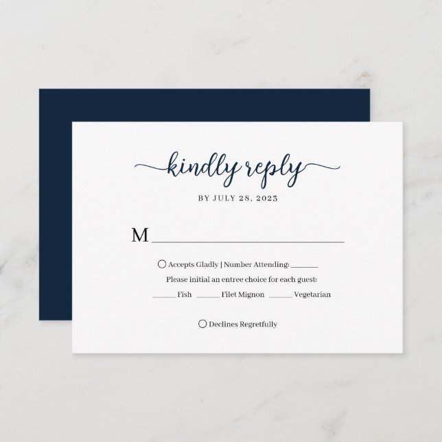Minimal Navy Blue Floral Monogram Wedding RSVP Karte (Vorne/Hinten)