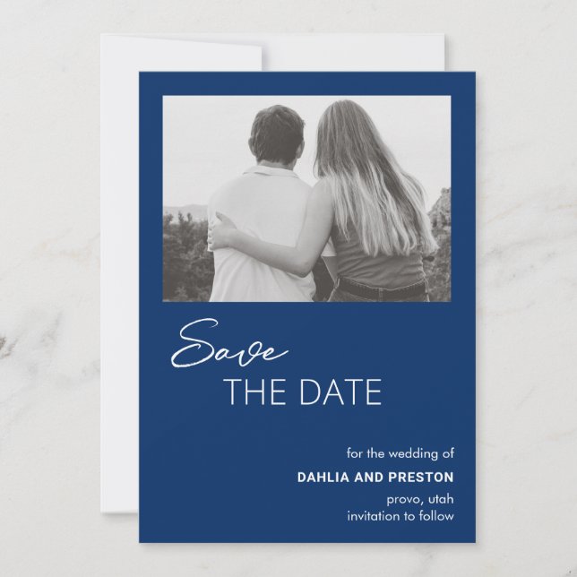 Minimal Navy Blue Foto Moderne Hochzeit Save The Date (Vorderseite)