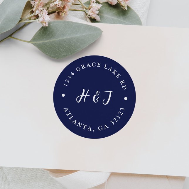 Minimal Navy Blue Initials Wedding Rücksendeadress Runder Aufkleber (Von Creator hochgeladen)