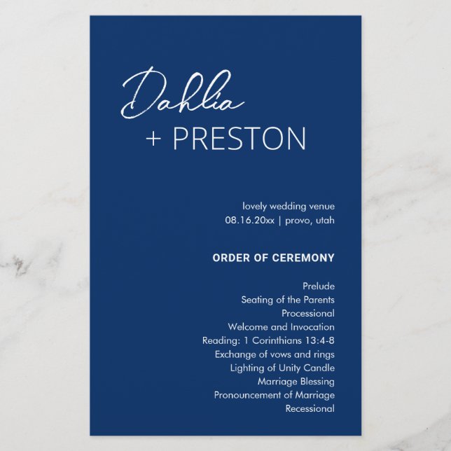 Minimal Navy Blue Modern Wedding Program (Vorderseite)