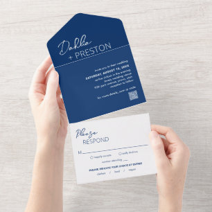 Minimal Navy Blue QR Code Moderne Hochzeit All In One Einladung