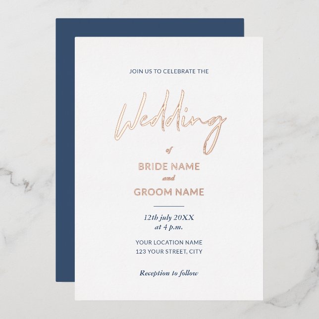 Minimal Navy Blue Script Wedding Folieneinladung (Vorderseite/Rückseite)