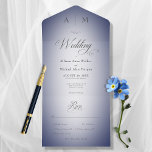 Minimal Navy Blue & White Blur Modernes Abendessen All In One Einladung<br><div class="desc">MIT ODER OHNE QR-CODE ODER ABENDESWÄHLUNGSOPTIONEN. Das Design ist marineblau mit einem weichen,  weißen,  ovalen Zentrum. Ein Monogramm mit dem ersten Auftakt der Braut und des Bräutigams vervollständigt es. Erstellt von der einfachen Farmhouse Press.</div>