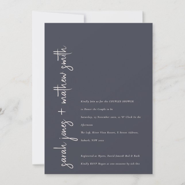 Minimal Navy Blush Black Script Couples Dusche Einladung (Vorderseite)
