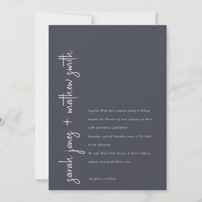 Minimal Navy Blush Black Script Vow Erneuerung Einladung (Vorderseite)