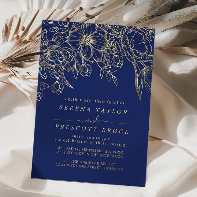 Minimal Navy Bouquet Wedding Real Folieneinladung (Von Creator hochgeladen)