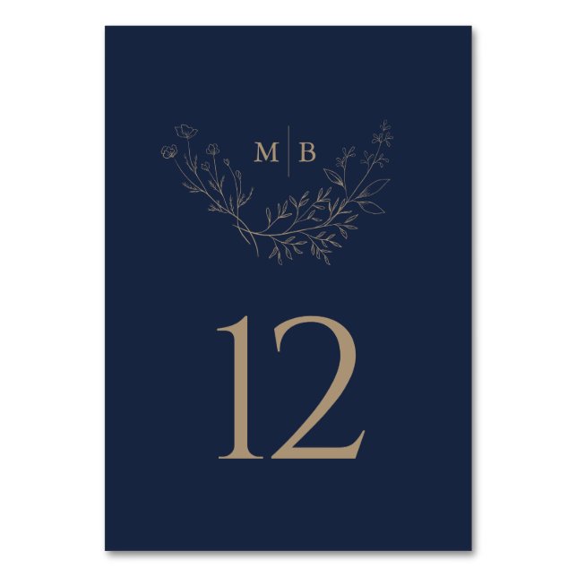 Minimal Navy Gold formale Monogram Hochzeit Tischnummer (Vorderseite)