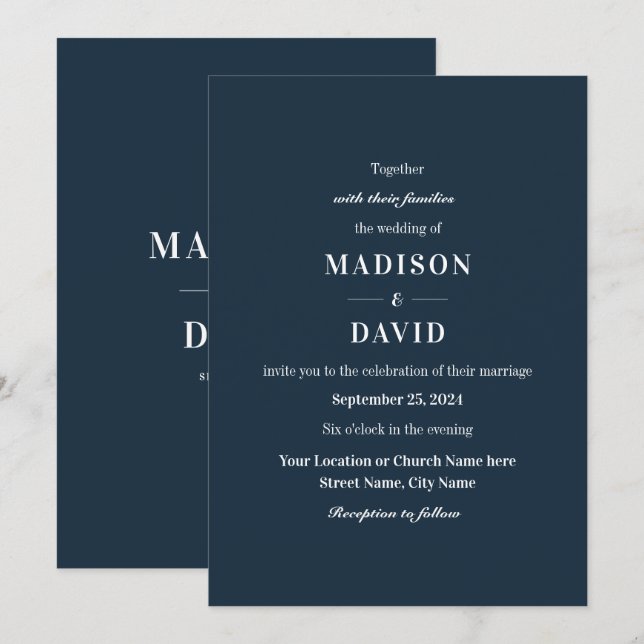Minimal Navy Moderne klassische Hochzeit Einladung (Vorne/Hinten)