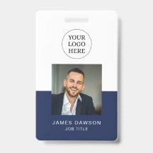Minimal Navy & White Office Mitarbeiter Foto ID QR