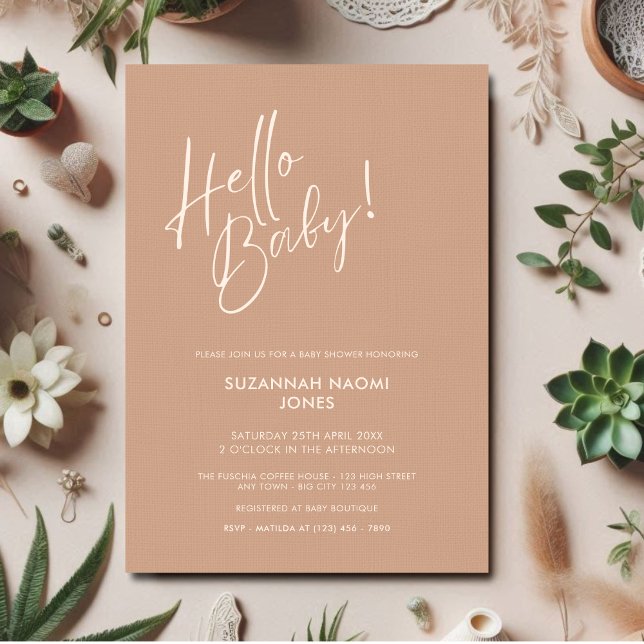 Minimal Neutral Modern Baby Shower Invitation Einladung (Minimalist Gender Neutral Baby Shower Invitation in natural earth tone with linen texture. )