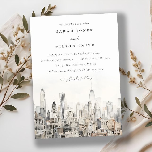Minimal New York City Skyline Watercolor Wedding Einladung (Von Creator hochgeladen)