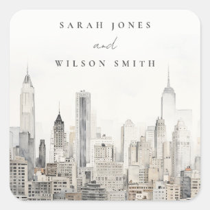Minimal New York City Skyline Watercolor Wedding Quadratischer Aufkleber