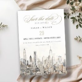 Minimal New York City Skyline Watercolor Wedding Save The Date