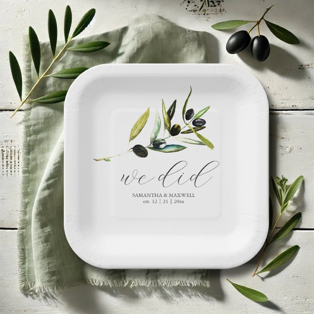 Minimal Olive Paper Teller Botanische Vegetation (Paper plates weddings minimal olive branch watercolor art by Victoria Grigaliunas Do Tell A Belle)