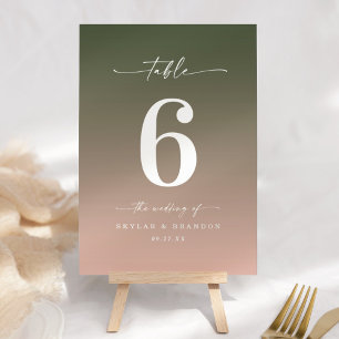 Minimal Ombre Dark Forest Green & Pink Wedding Tischnummer