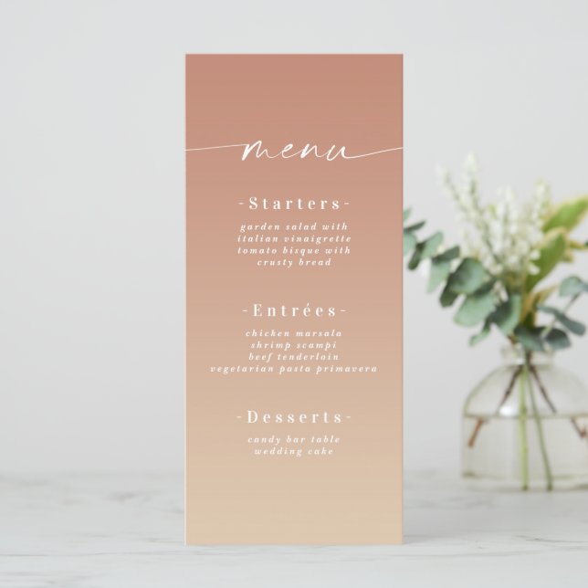 Minimal Ombre Yellow Gold & Terra Cotta Wedding Menükarte (Stehend Vorderseite)