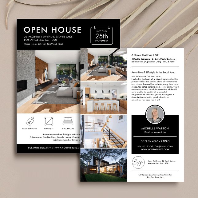 Minimal Open House zum Verkauf Marketing Real Anwe Flyer (Minimalist open house property flyer with photos, your logo and custom text)