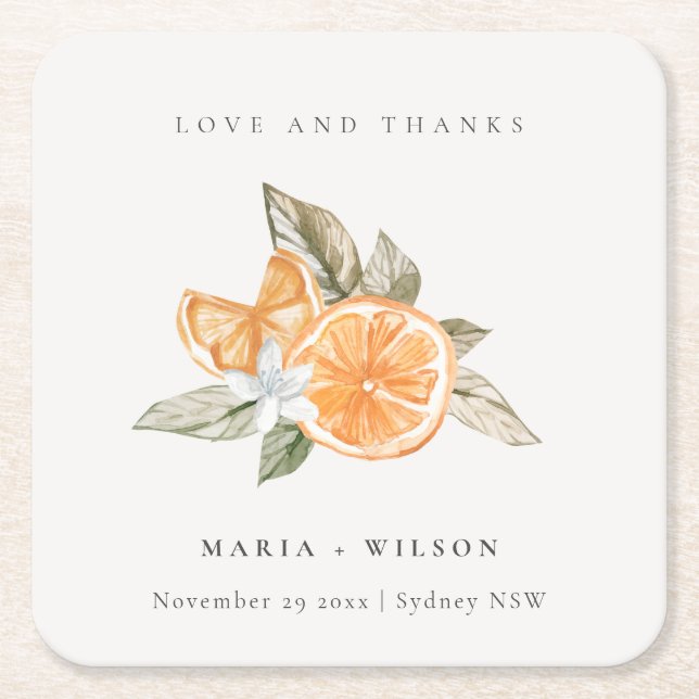 Minimal Orange Botanical Boho Liebe Dank Hochzeit Rechteckiger Pappuntersetzer (Vorderseite)
