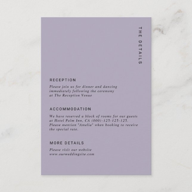 Minimal Pale Purple Modern Simple Wedding Details Begleitkarte (Vorderseite)