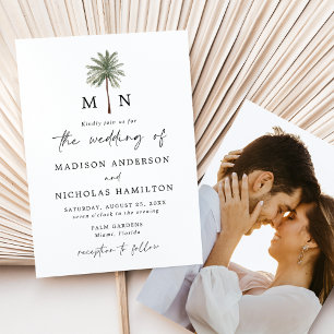 Minimal Palm Tree Monogram Foto Wedding Einladung