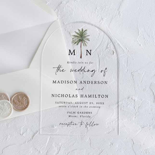 Minimal Palm Tree Monogram Wedding Acryleinladungen (Von Creator hochgeladen)