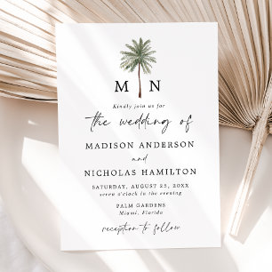 Minimal Palm Tree Monogram Wedding Einladung