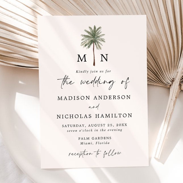 Minimal Palm Tree Monogram Wedding Einladung (Von Creator hochgeladen)