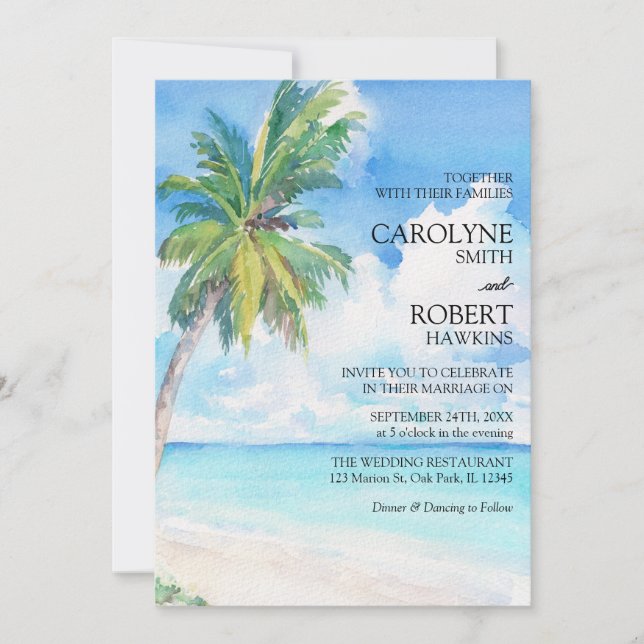 Minimal Palm Tree Tropical Island Beach Hochzeit Einladung (Vorderseite)