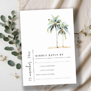 Minimal Palmen Bäume tropische Aquarellblüte Hochz RSVP Karte