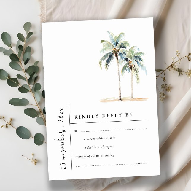 Minimal Palmen Bäume tropische Aquarellblüte Hochz RSVP Karte (Von Creator hochgeladen)