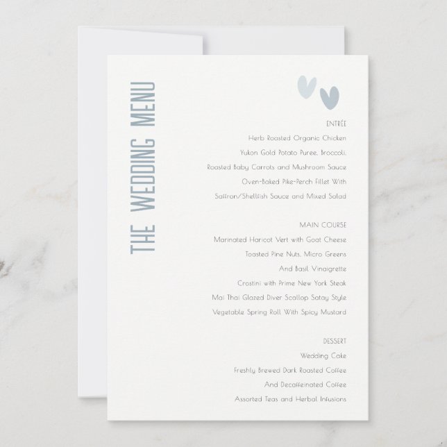 Minimal Pastel Dusky Blue Hearts Wedding Menu Card Einladung (Vorderseite)
