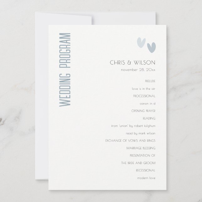 Minimal Pastel Dusky Blue Hearts Wedding Programm (Vorderseite)