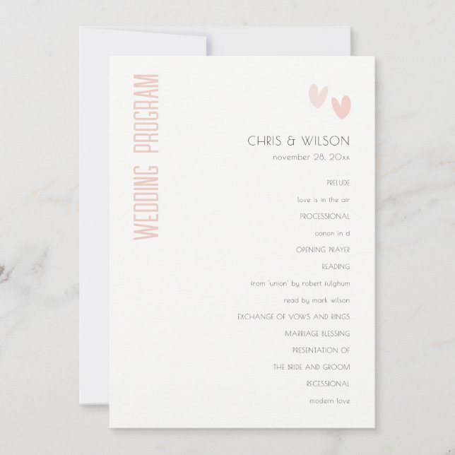 Minimal Pastel Dusky Pink Hearts Wedding Programm (Vorderseite)