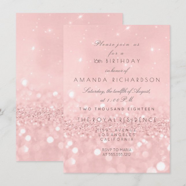 Minimal Pastel Pink Rose Gold Geburtstag Glitzer Einladung (Vorne/Hinten)